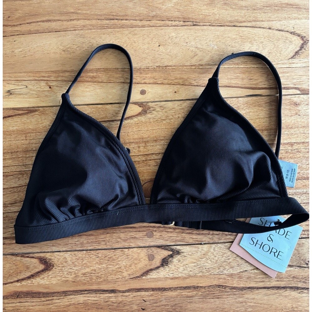 SHADE & SHORE Ribbed Triangle Adjustable Bikini Top BLACK Medium 8-10 - Picture 3 of 9